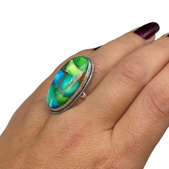 Peacock Dahlia Turquoise Ring Size 7 Solid 925 Sterling Silver Oval Green Blue - Picture 4 of 7
